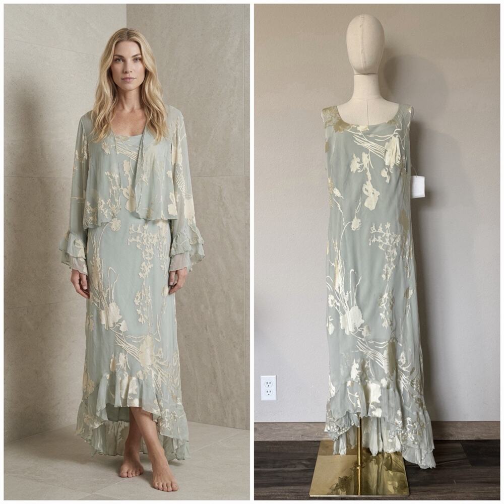 VTG NWT R&M Richards Size 16 Two Piece Dress Set Sage Green Floral Burnout Silk